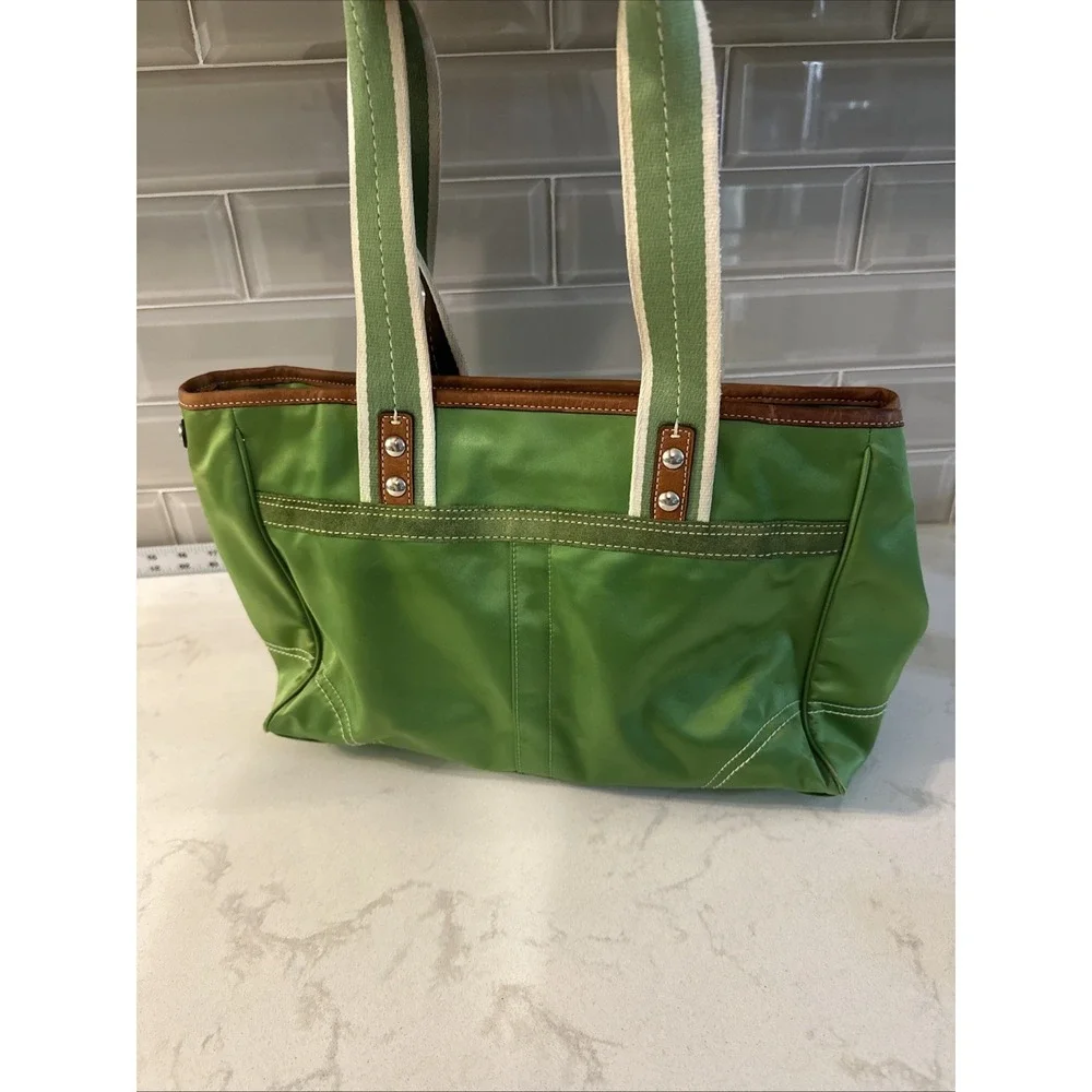 Coach Hampton Green Sateen Nylon Tote Bag Leather Trim Canvas Handles W Charm